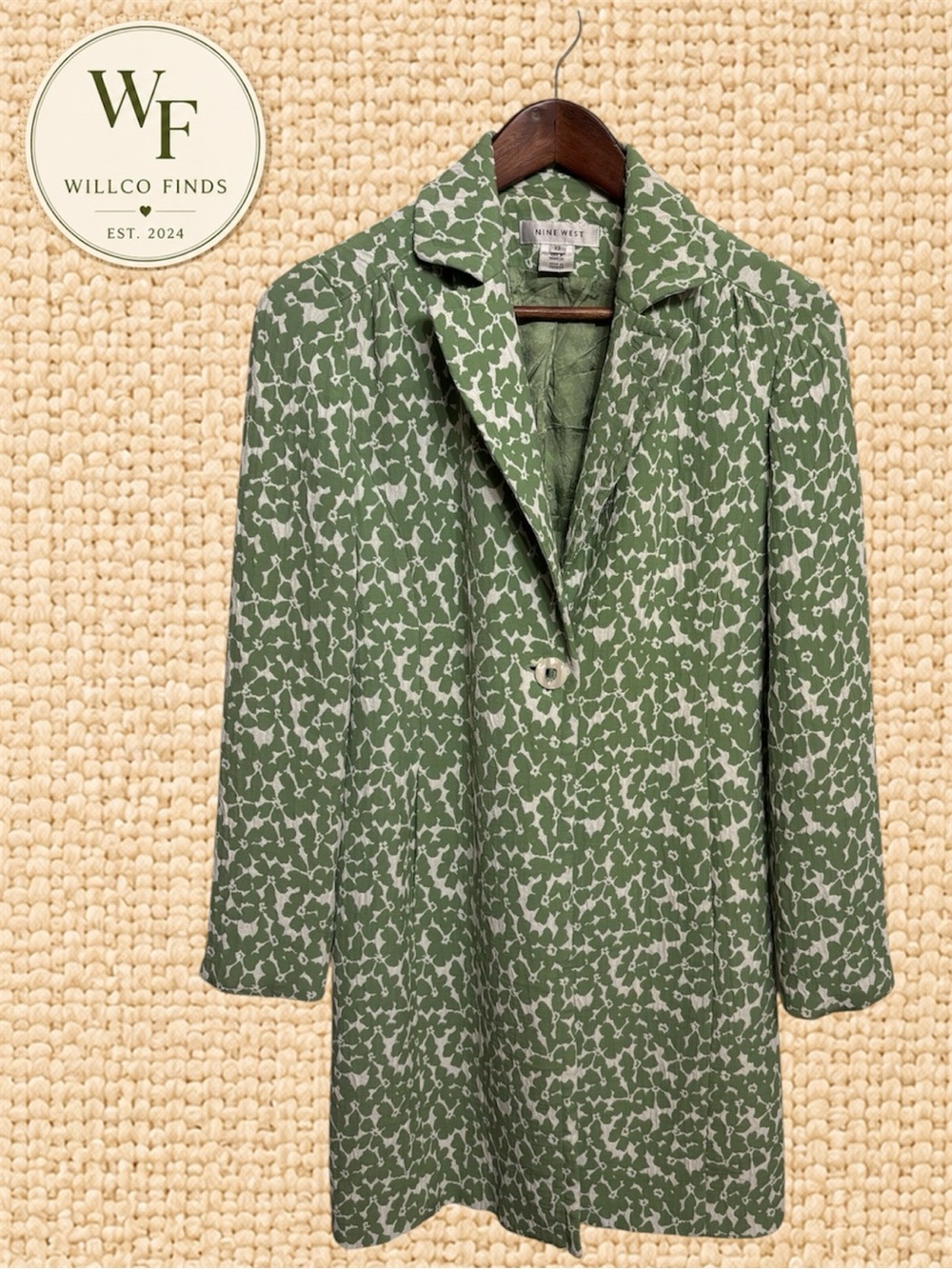Nine West Green Ivory Printed Back Tie Waist Coat Jacket Women’s XS